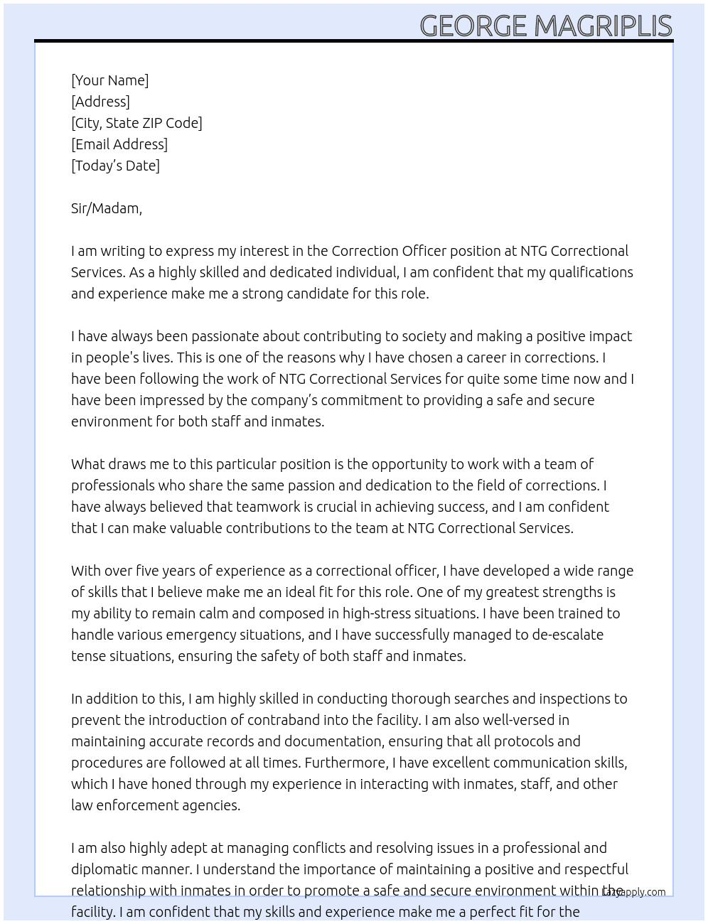 correction officer At NTG Correctional Services Cover Letter