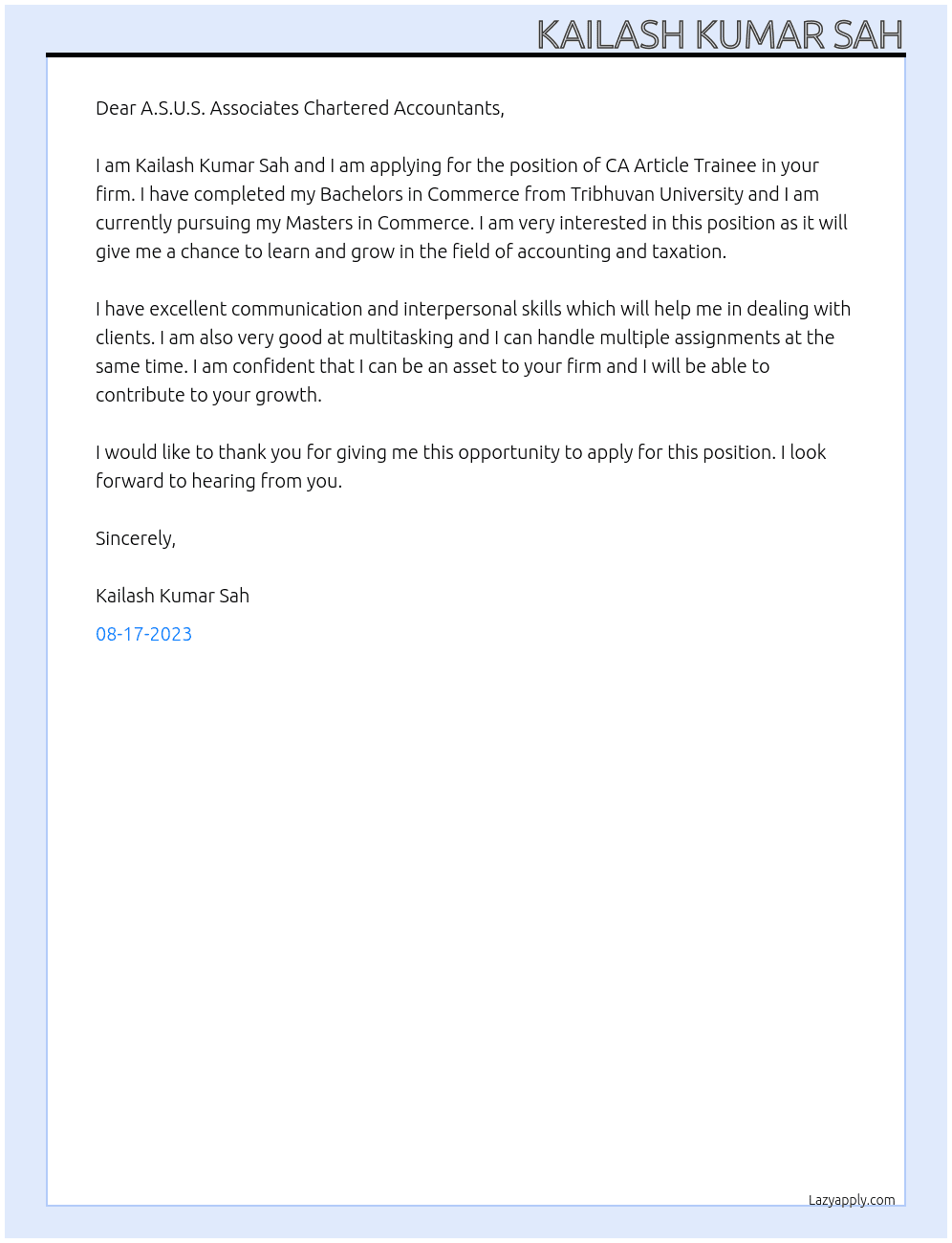 CA Article Trainee At CA firm Cover Letter