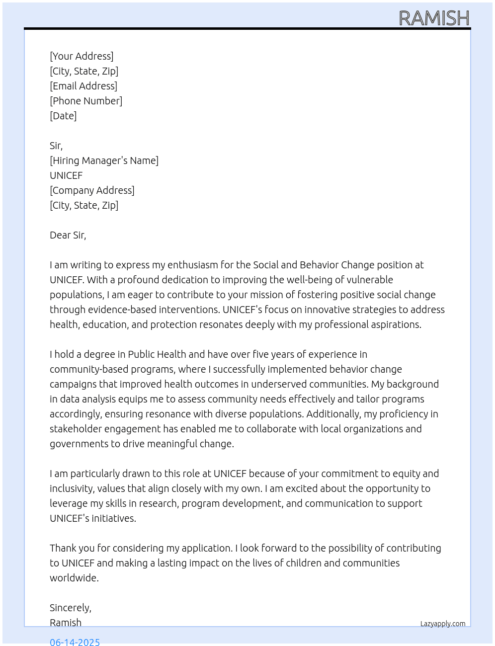 Cover letter for social & behavior change - LazyApply