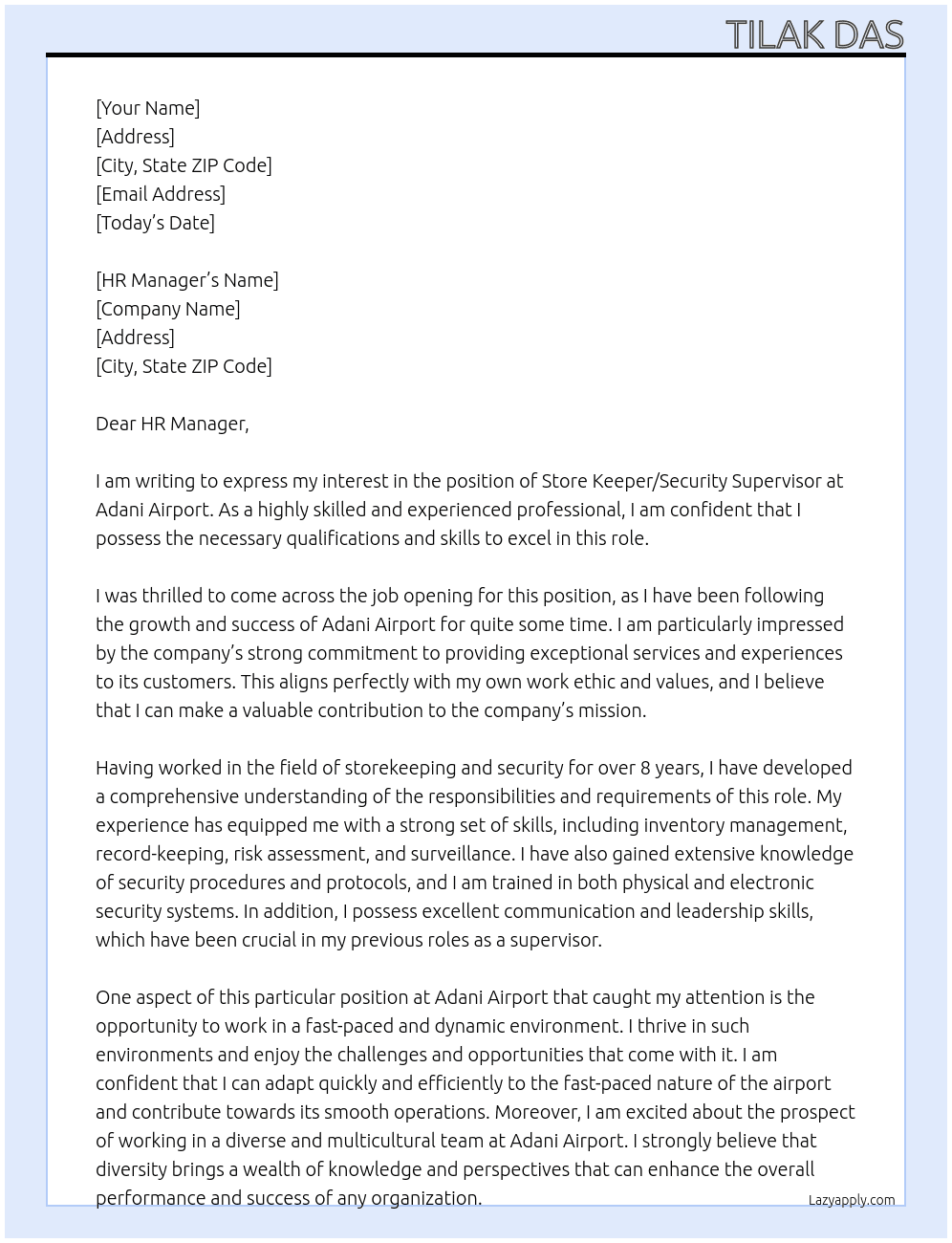 store keeper /security supervisor At Adani Airport Cover Letter