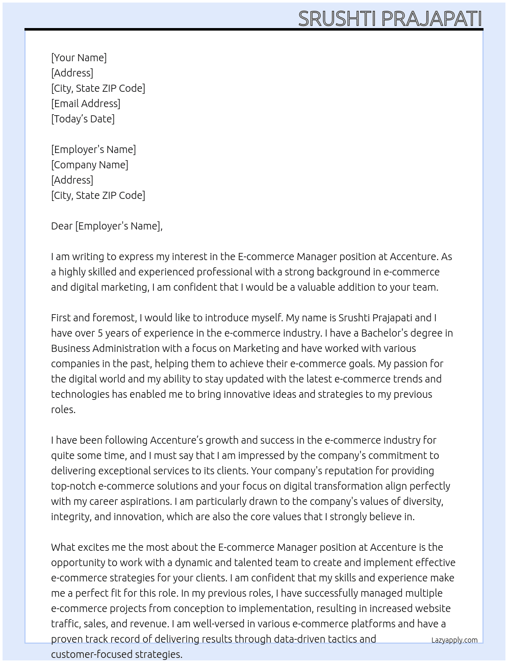 E-commerce manager At Accenture Cover Letter