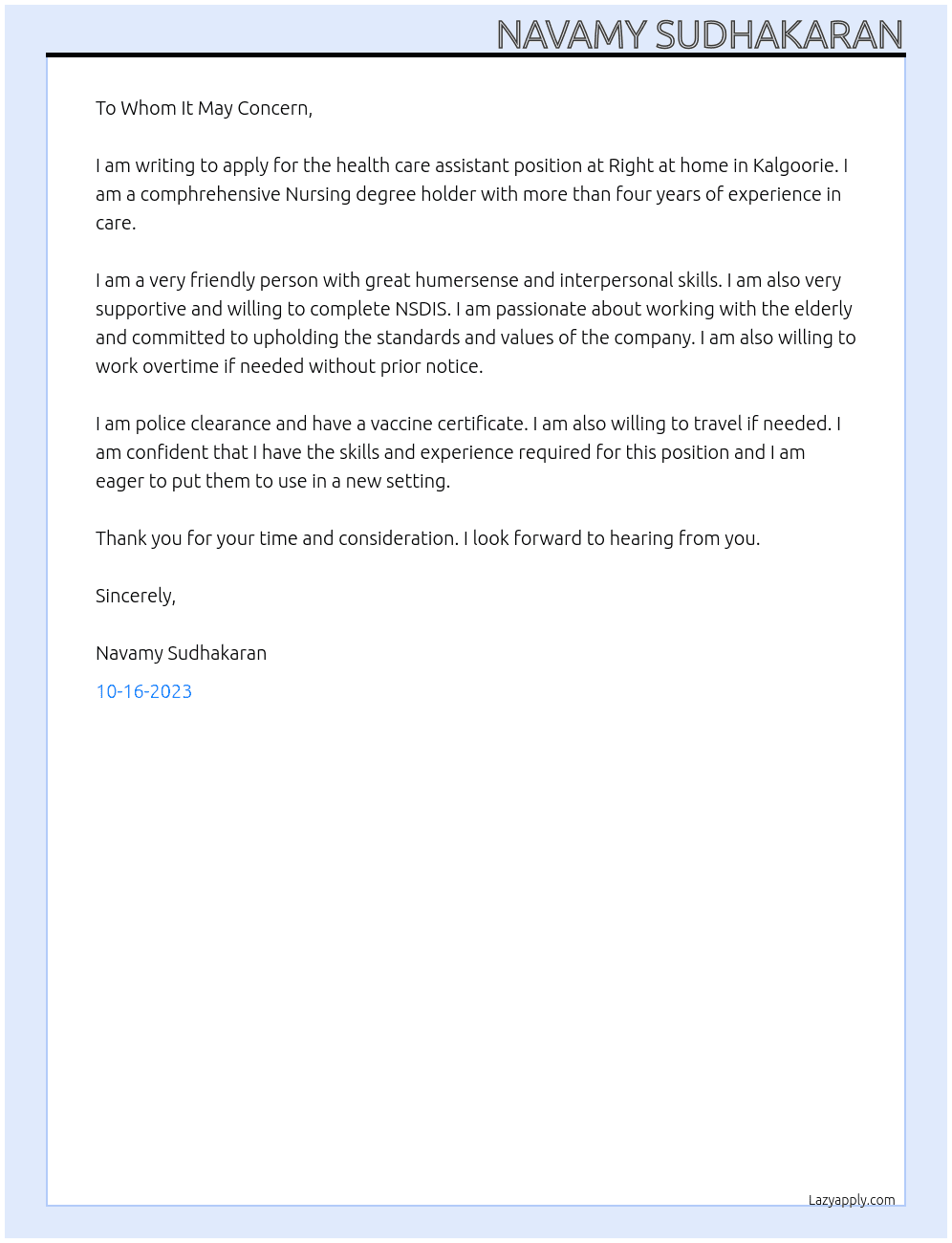 Health care assistant At Right at home, kalgoorie, wheatbelt Cover Letter
