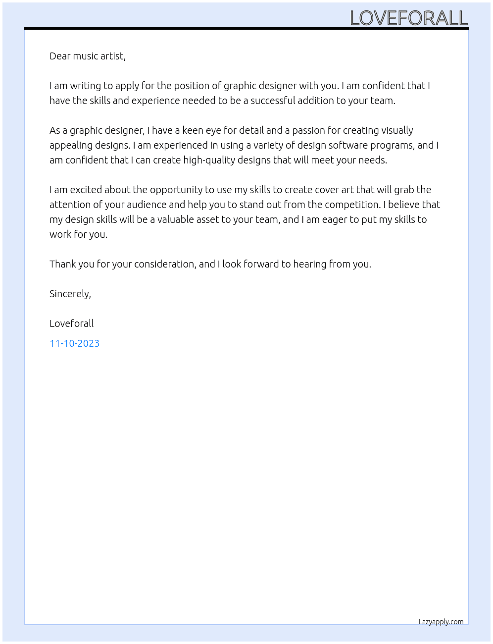 Graphic Designer At music artist  Cover Letter