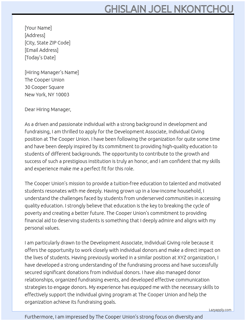 Cover letter for development associate, individual giving - LazyApply