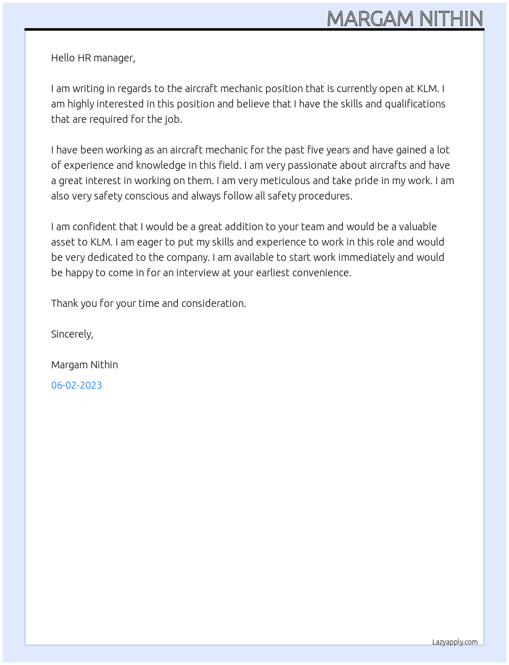Aircraft mechanic At KLM Cover Letter