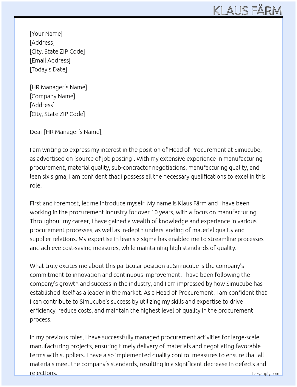 Head of procurement At Simucube Cover Letter