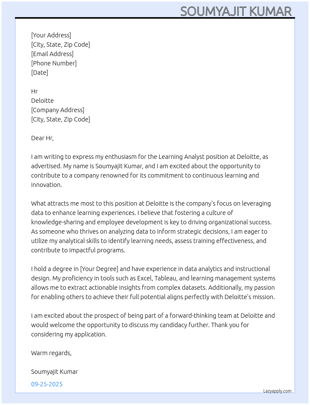 Cover letter for learning analyst - LazyApply