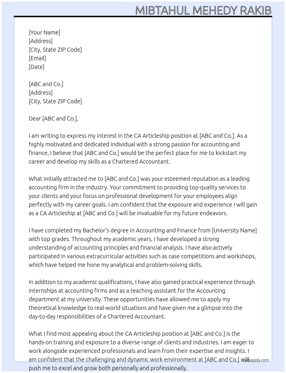 CA Articleship At ABC and Co. Cover Letter