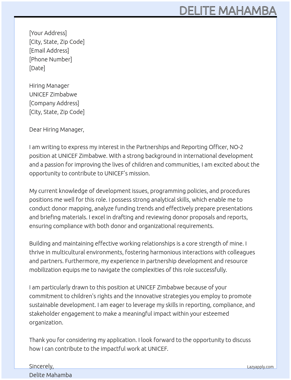 Partnerships and Reporting Officer, NO-2 At Unicef Zimbabwe  Cover Letter