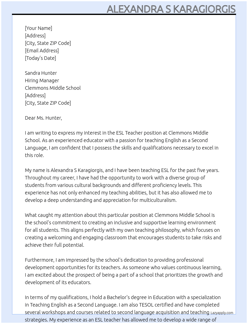 ESL Teacher At Clemmons Middle school Cover Letter