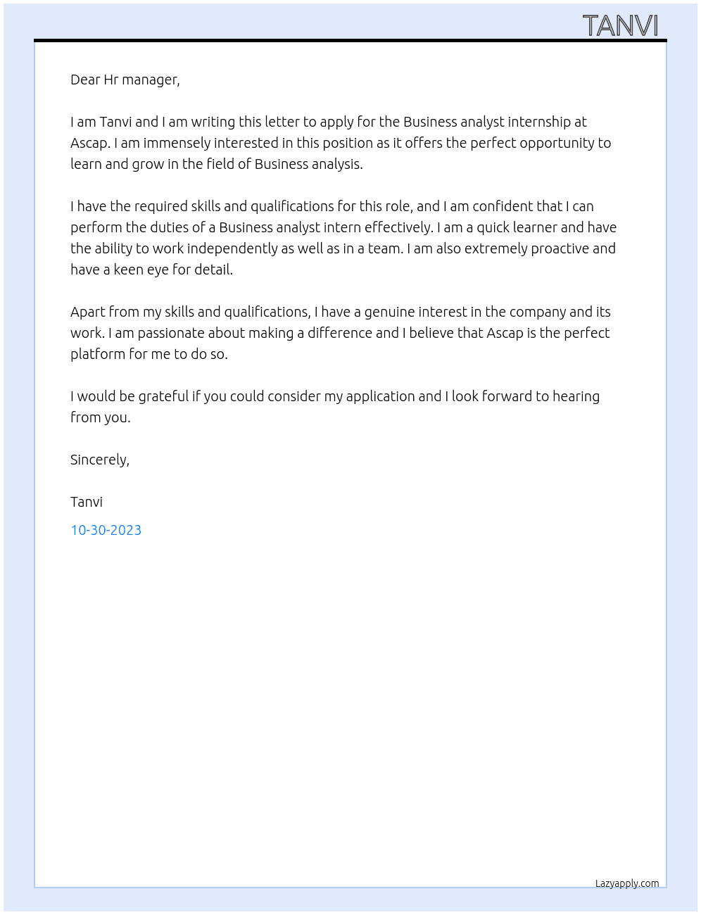 Business analyst  At Ascap  Cover Letter