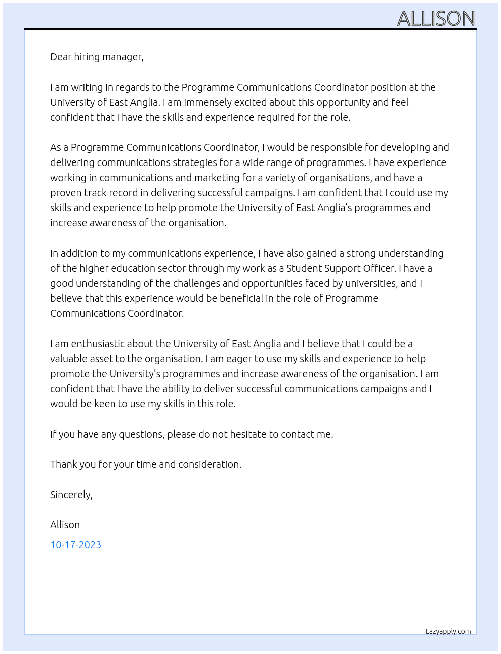 Programme Communications Coordinator At University of East Anglia  Cover Letter