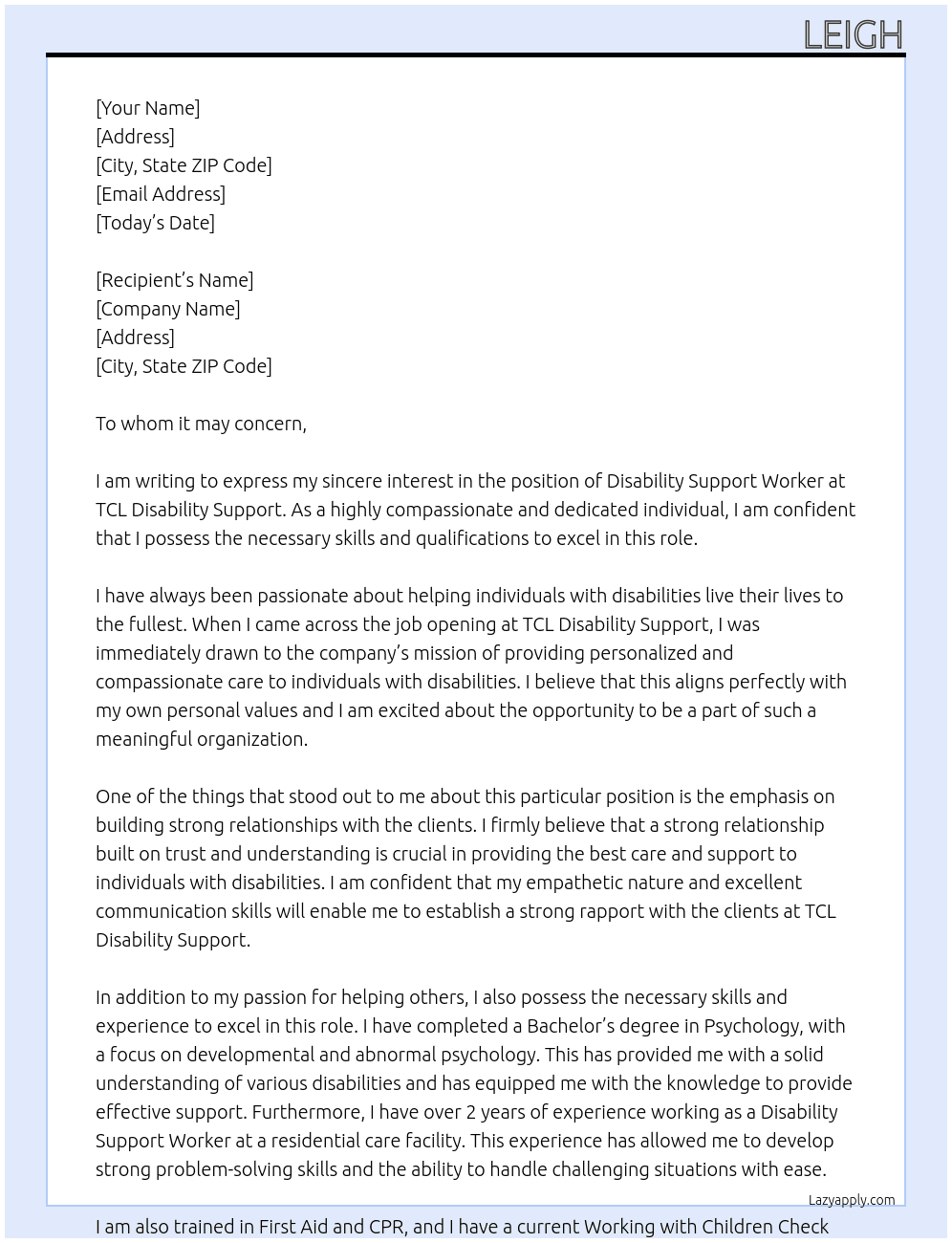 disability support worker  At TCL Disability Support Cover Letter