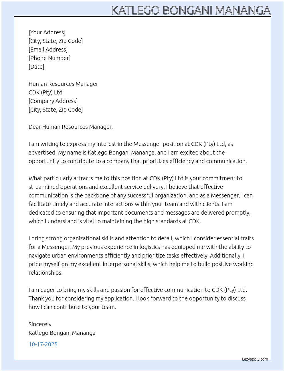 Messenger  At CDK (Pty)Ltd Cover Letter