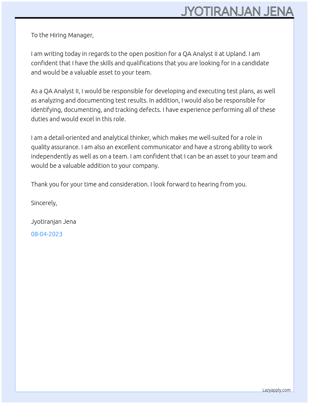 QA Analyst II  At Upland Cover Letter