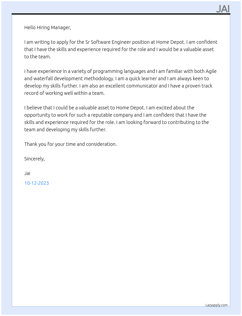 Sr Software Engineer At Home Depot Cover Letter