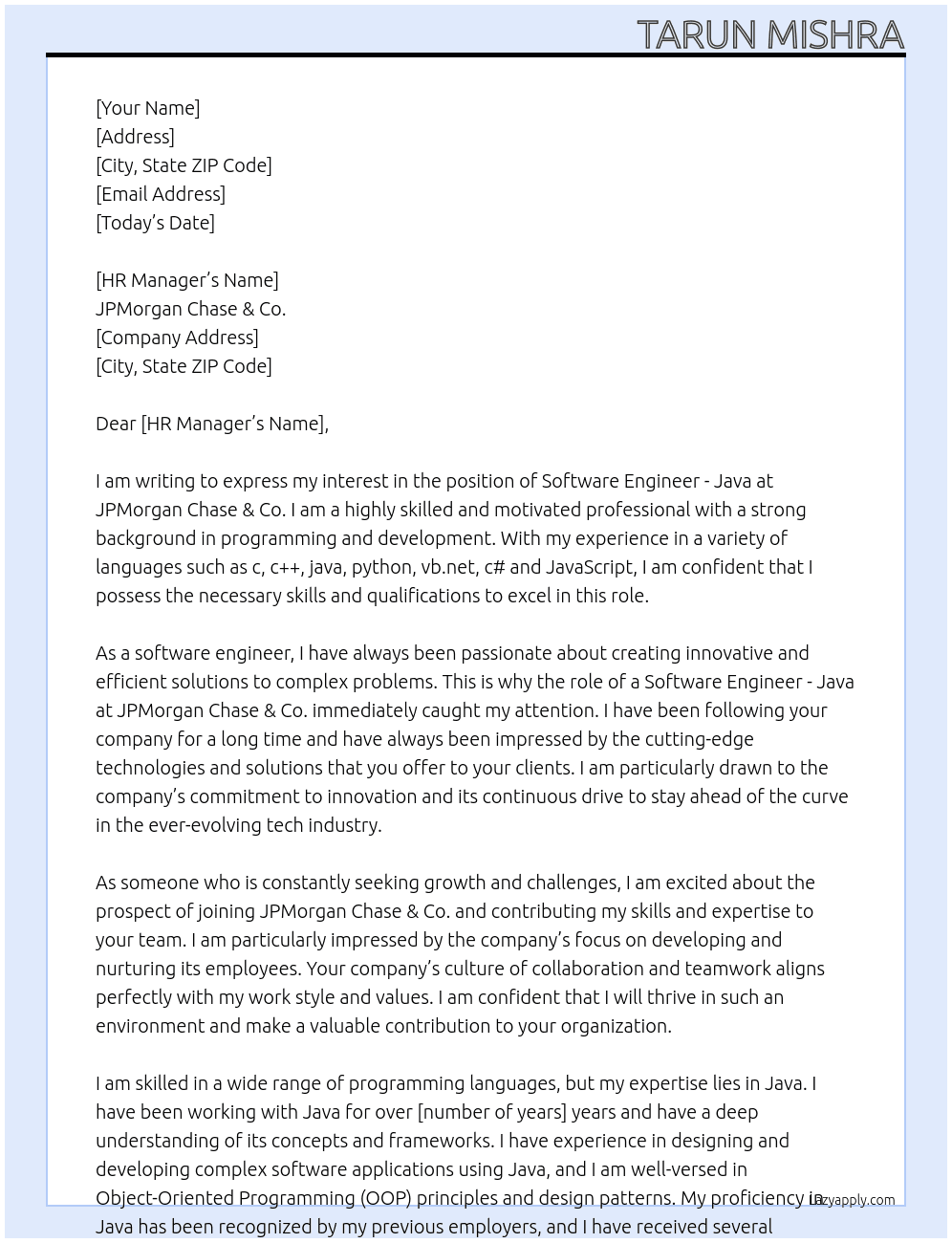 Software Engineer - Java At JPMorgan Chase & Co. Cover Letter