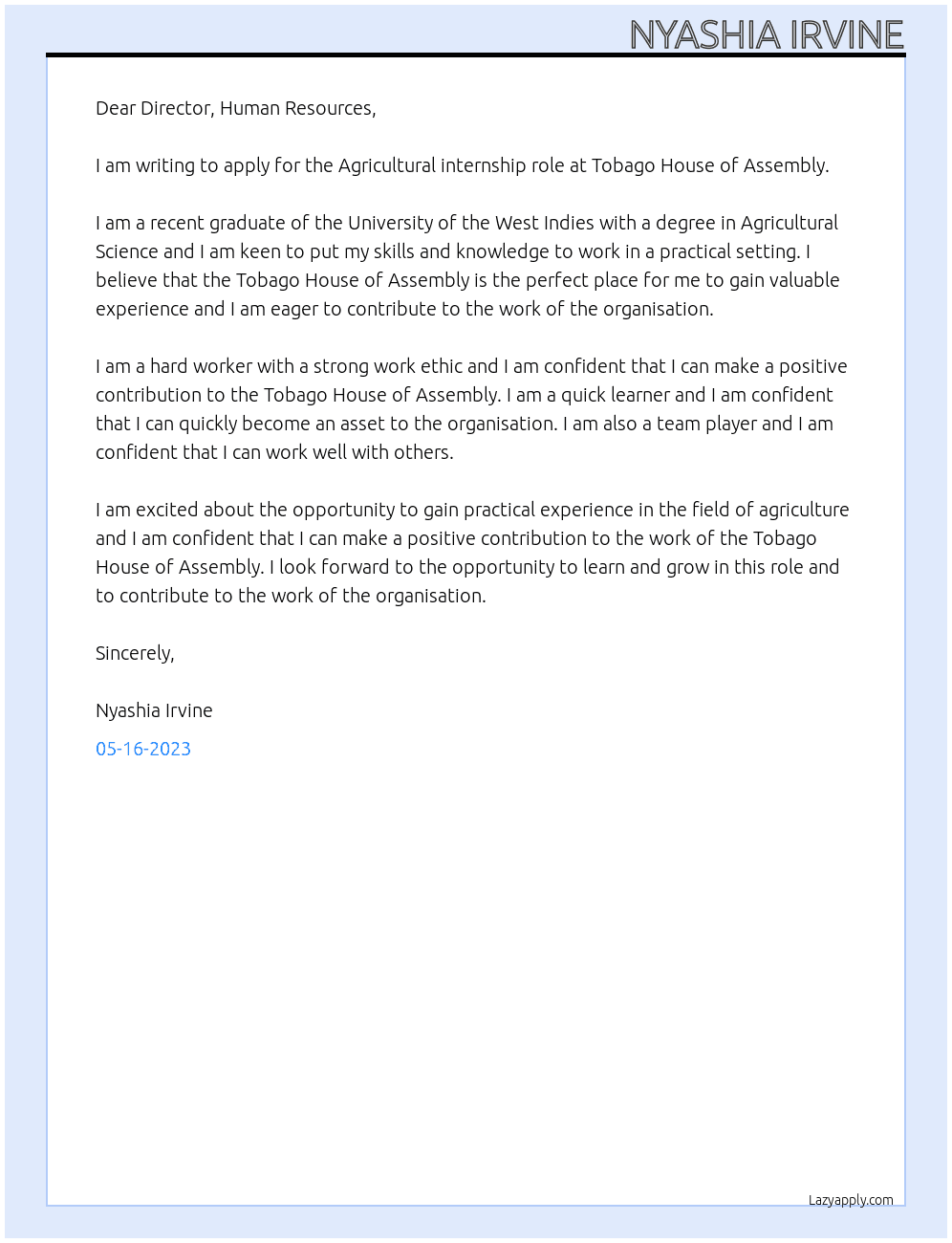 Agricultural internship At Tobago House of Assembly Cover Letter