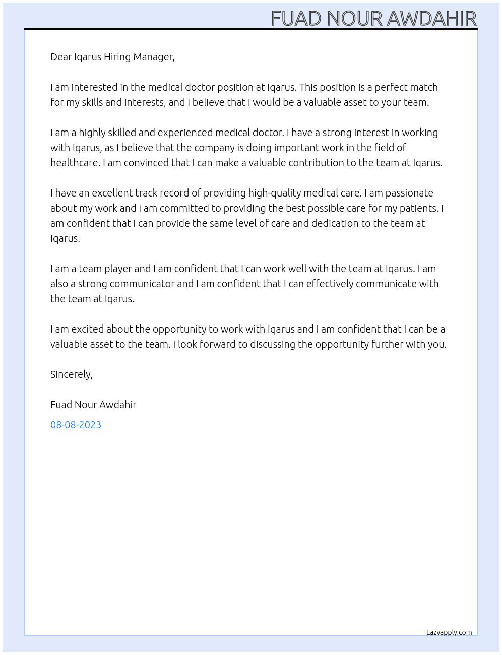 Medical doctor At Iqarus  Cover Letter