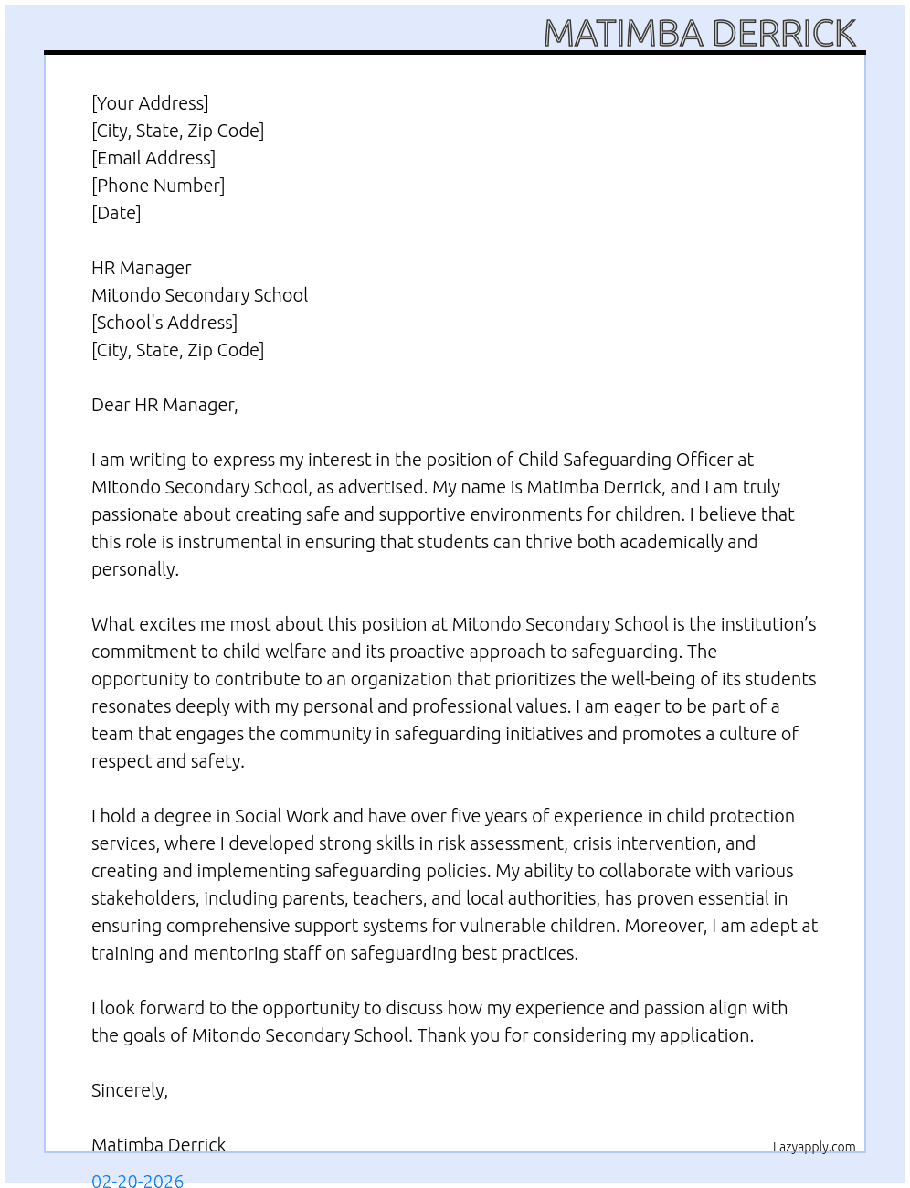 Child safeguarding officer  At Mitondo Secondary school  Cover Letter