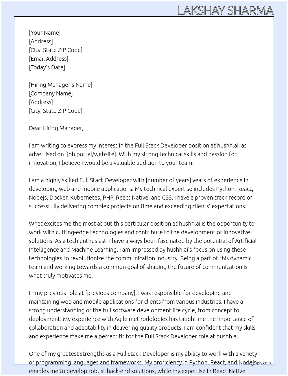 Full Stack Developer At hushh.ai Cover Letter
