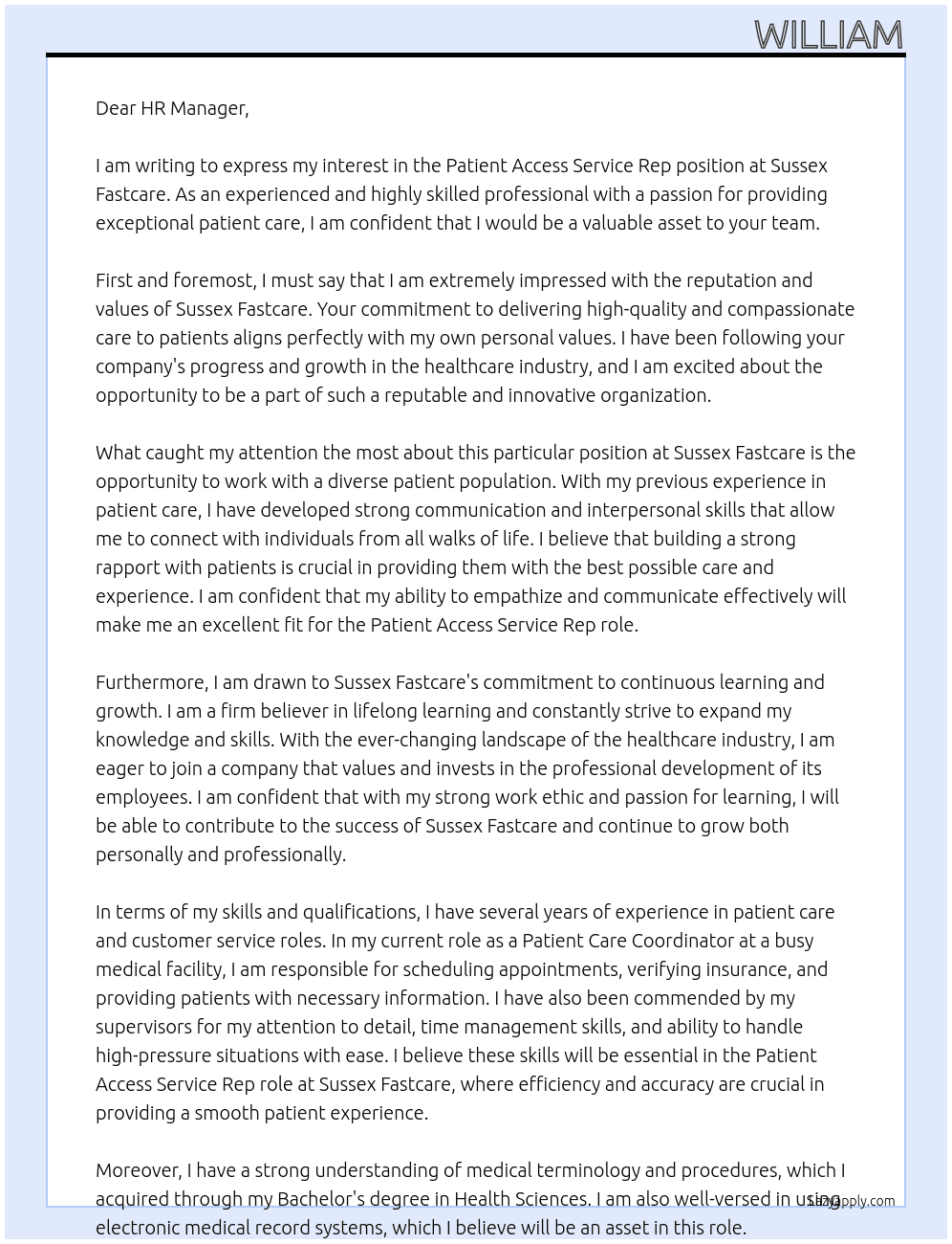 Patient Access Service Rep At Sussex Fastcare Cover Letter