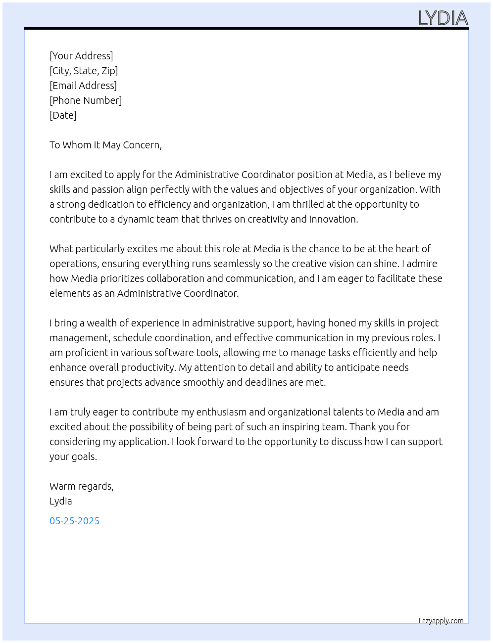 Administrative Co-Ordinator At Media Cover Letter
