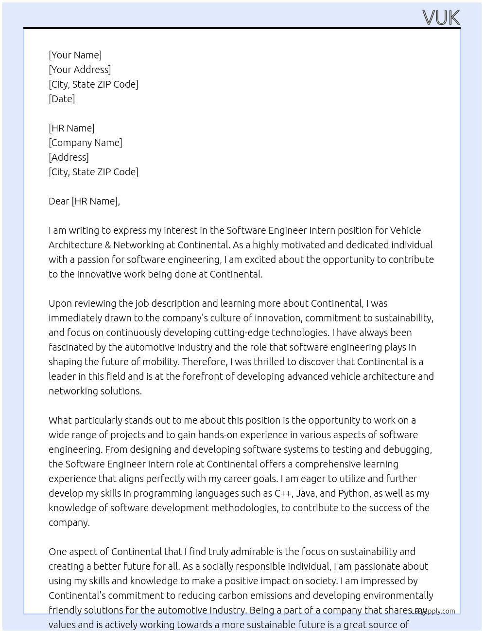 Software Engineer Intern for Vehicle Architecture & Networking At Continetal Cover Letter