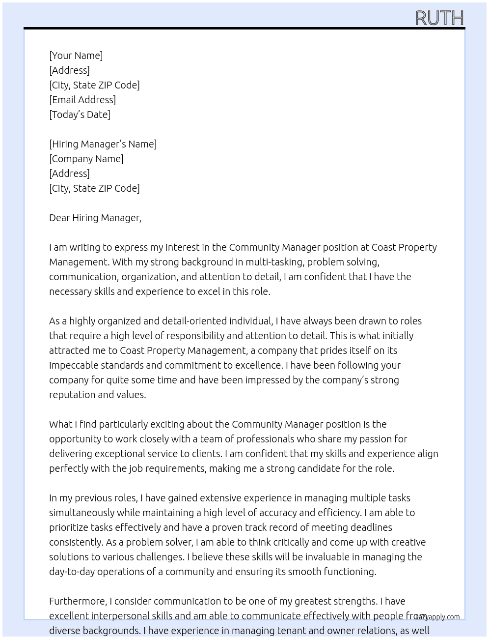 COMMUNITY MANAGER At COAST PROPERTY MANAGEMENT Cover Letter