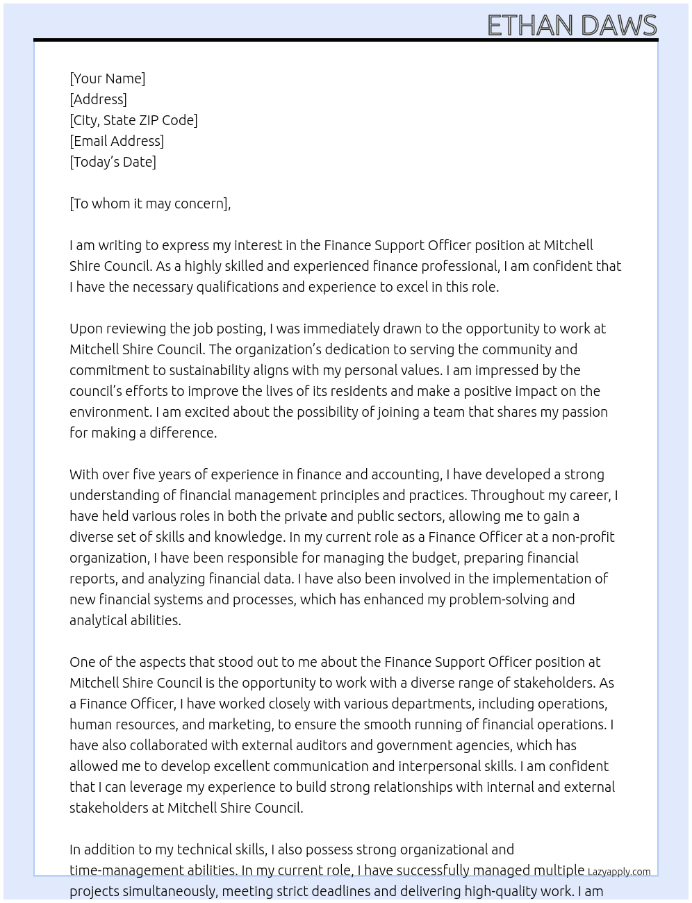 Finance Support Officer At Mitchell Shire Council Cover Letter
