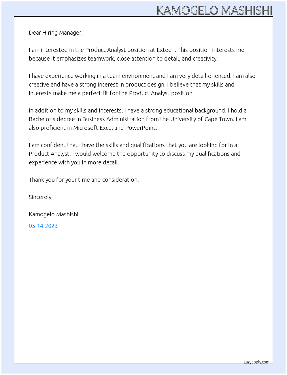 Product Anaylst At Exteen Cover Letter