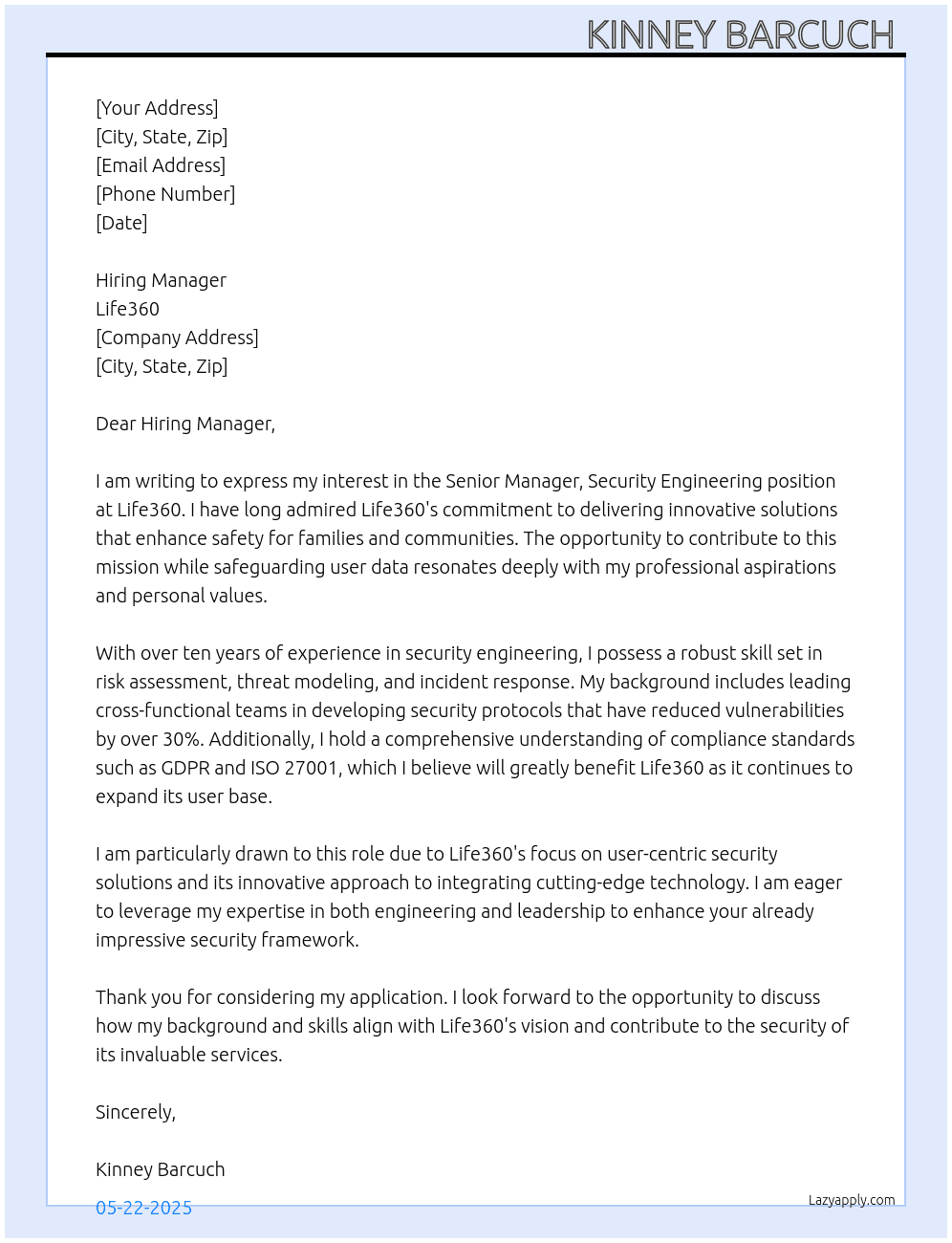 Senior Manager, Security Engineering At Life 360 Cover Letter