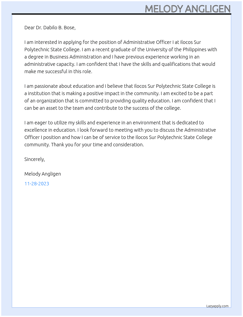 Administrative Officer I At Ilocos Sur Polytechnic State College Cover Letter