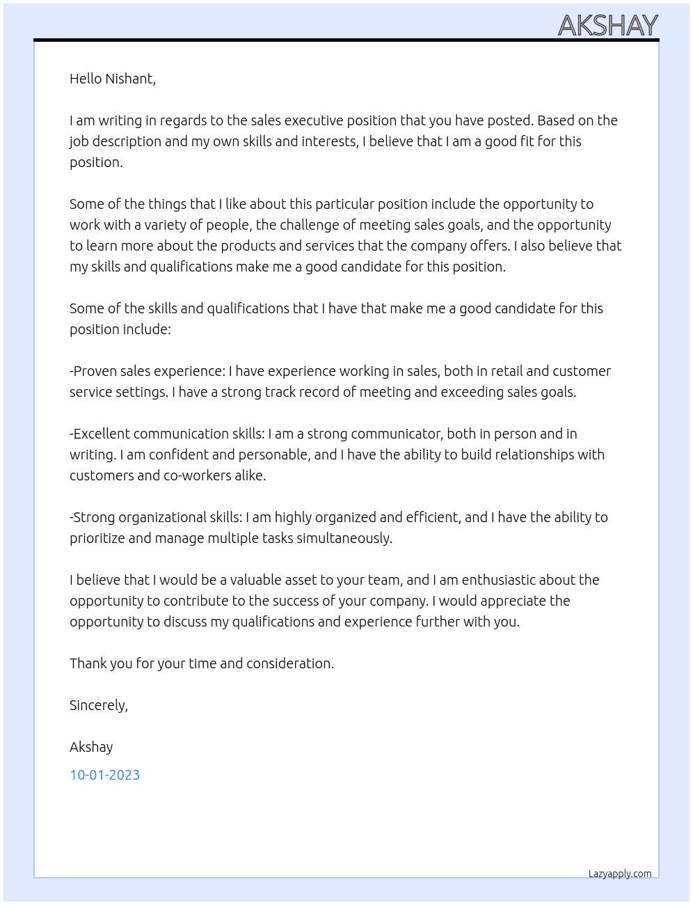 sales executive At mall Cover Letter