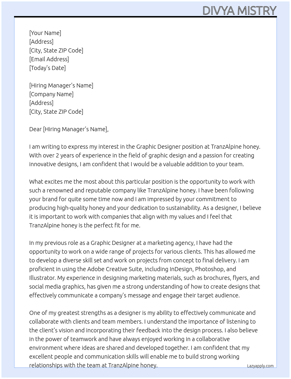 Graphic Designer At TranzAlpine honey Cover Letter