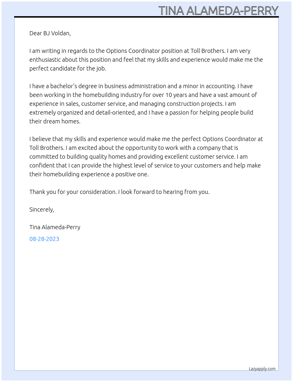 Options Coordinator At Toll Brothers Cover Letter