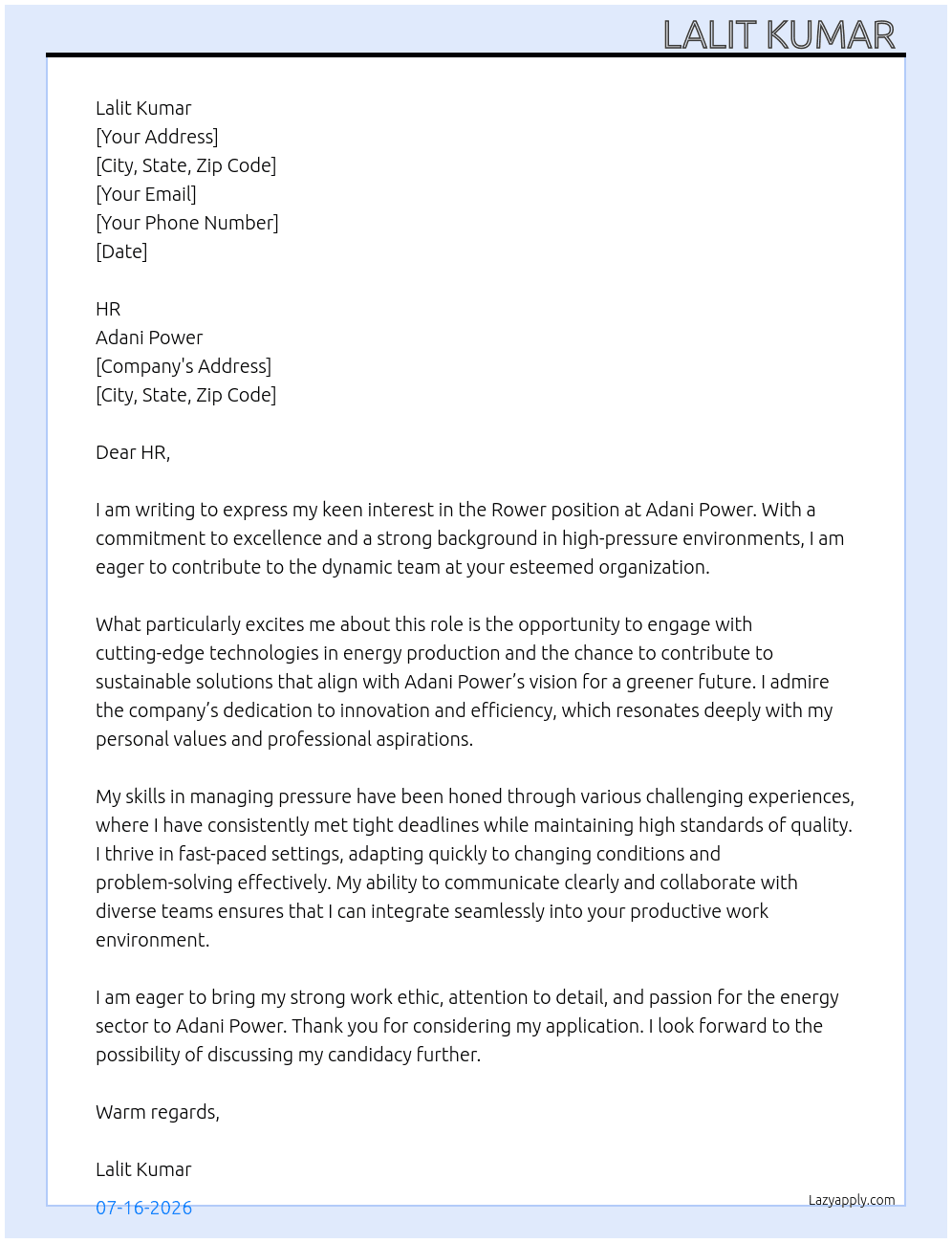 Cover letter for rower sector - LazyApply