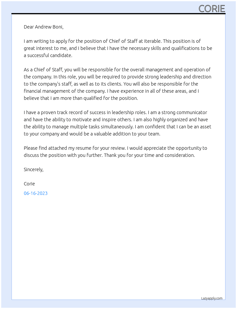 Chief of Staff At Iterable Cover Letter
