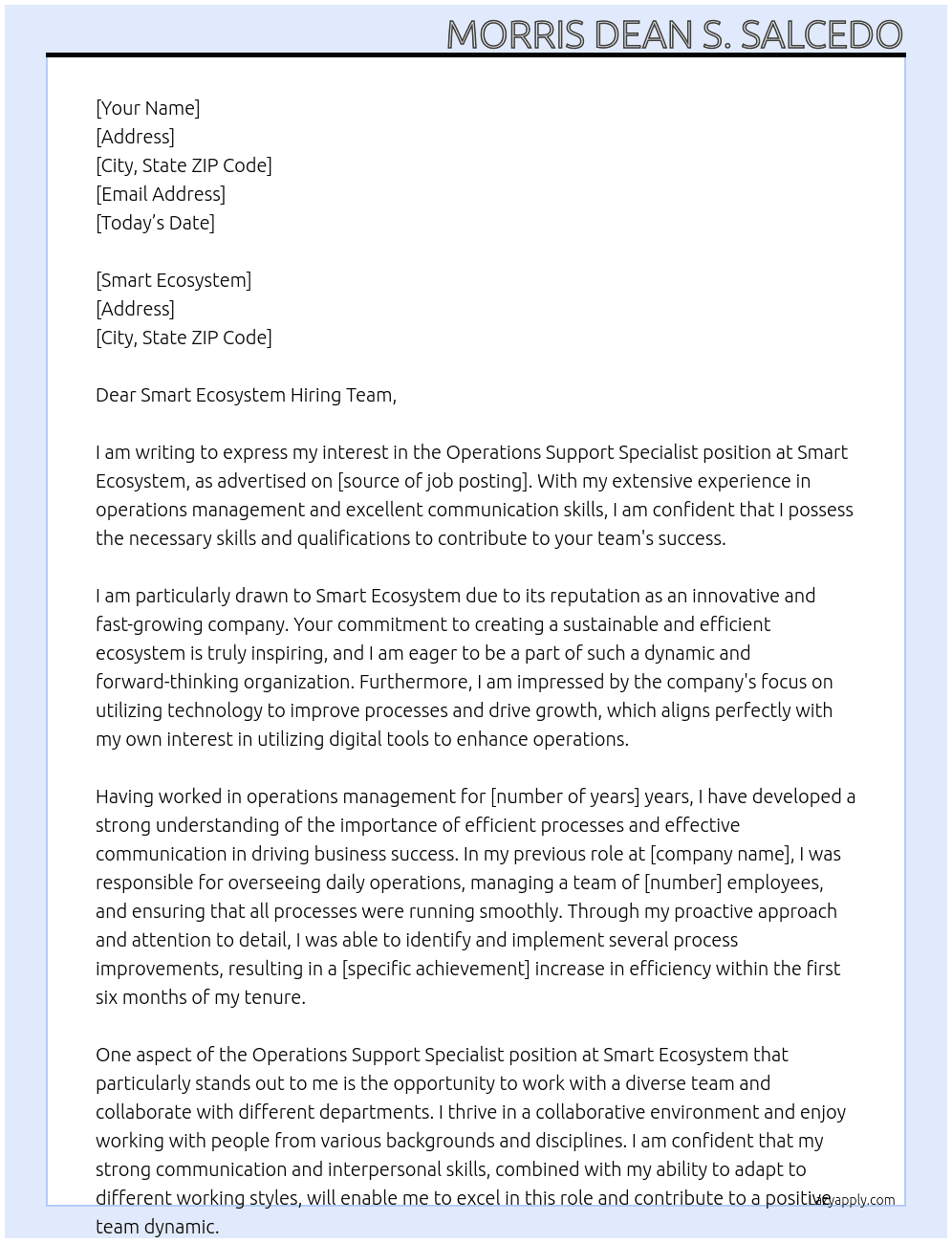 Operations Support Specialist At Smart Ecosystem Cover Letter