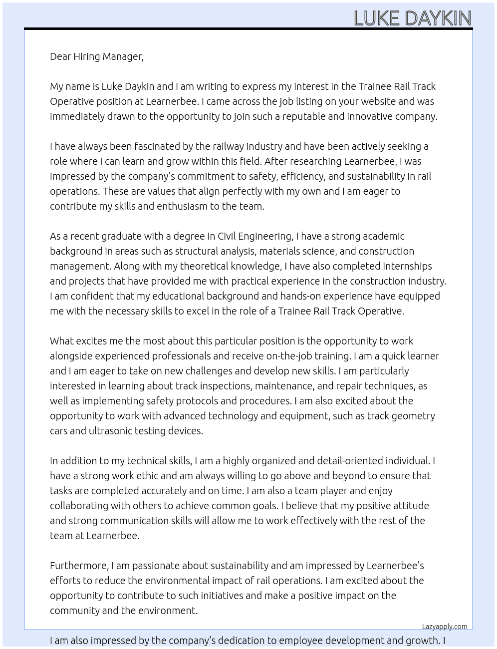 Trainee rail track operative  At Learnerbee Cover Letter