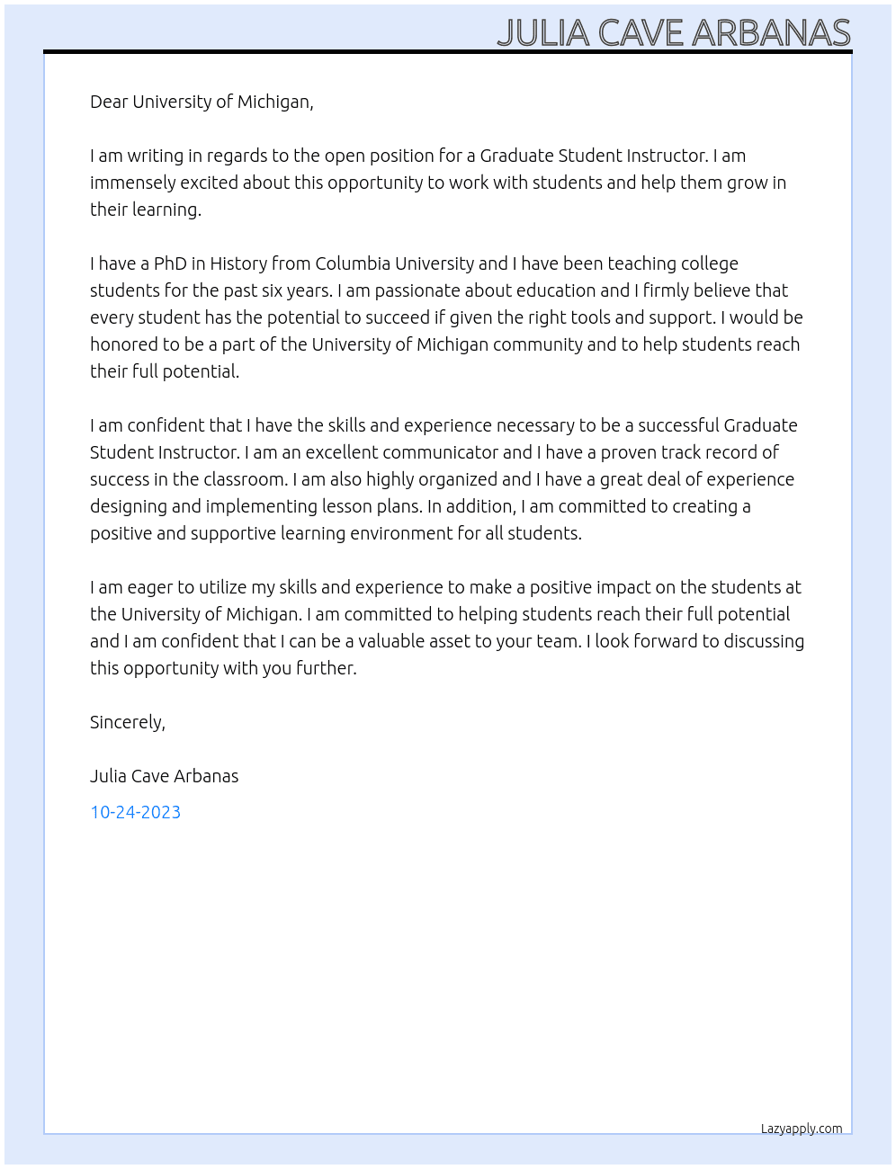 Graduate Student Instructor At University if Michigan Cover Letter