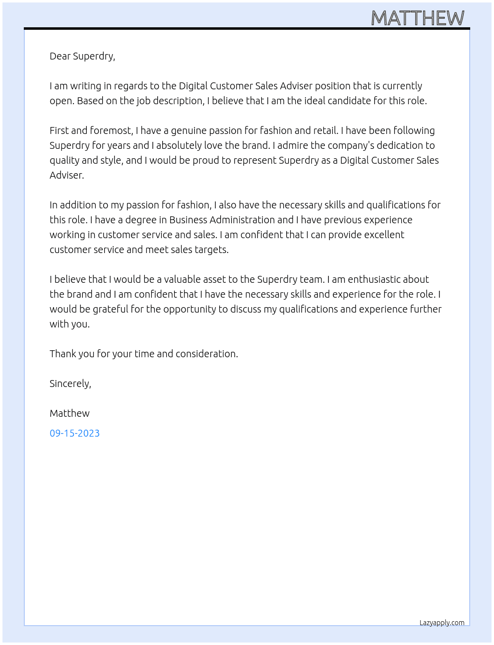 Digital Customer sales adviser At Superdry Cover Letter