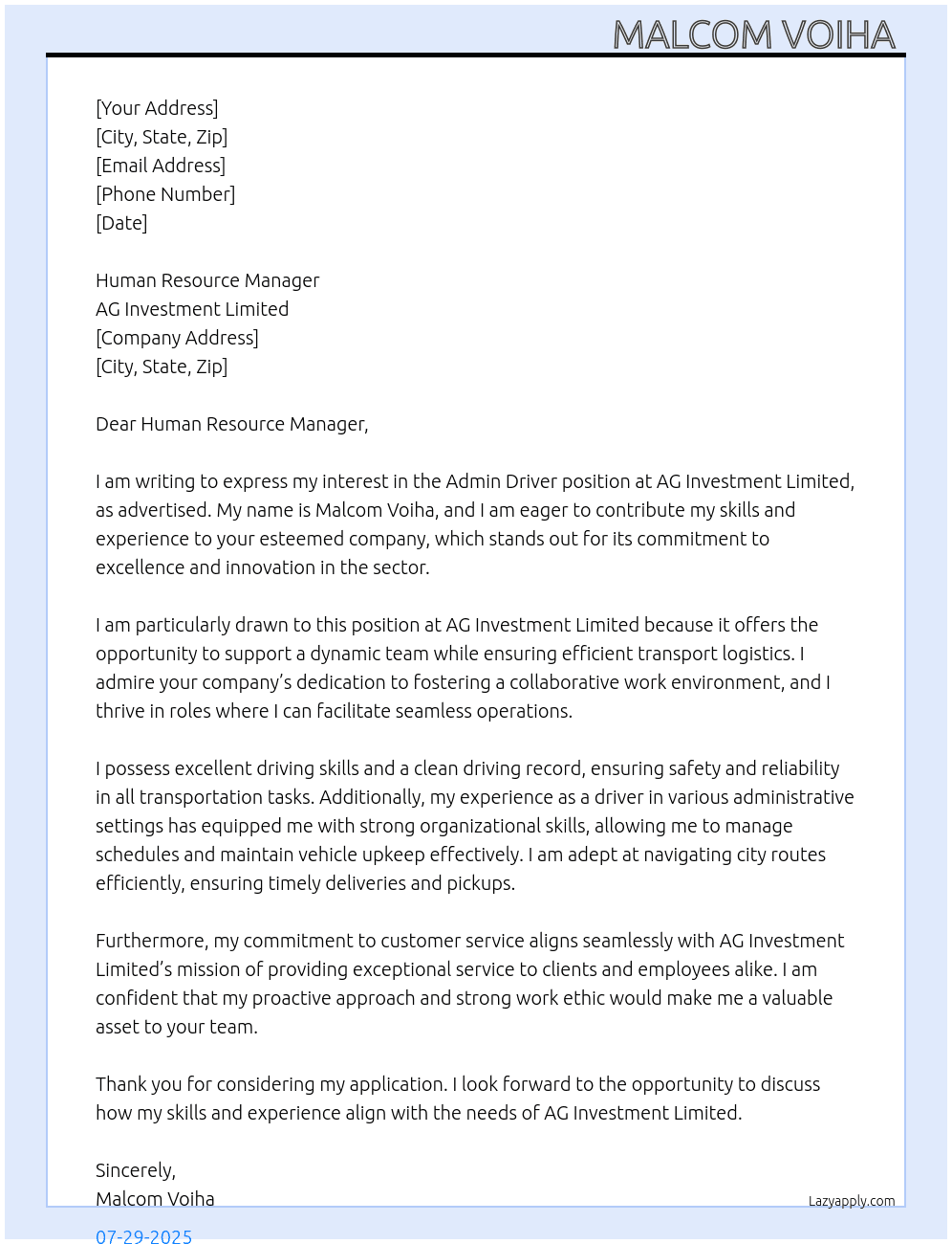Admin Driver At AG investment limited  Cover Letter