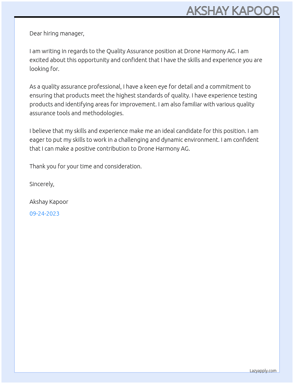 Quality Assurance At Drone Harmony AG Cover Letter