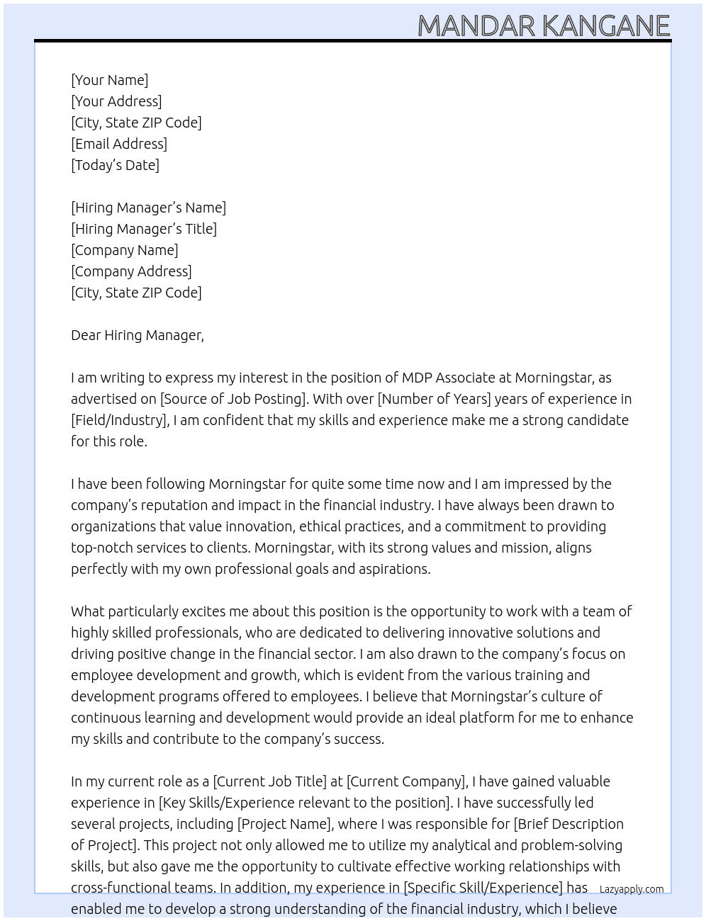 MDP Associate At Morningstar Cover Letter