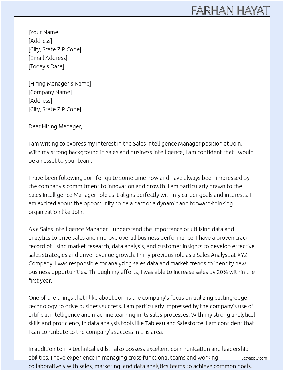 Sales Intelligence Manager At Join Cover Letter