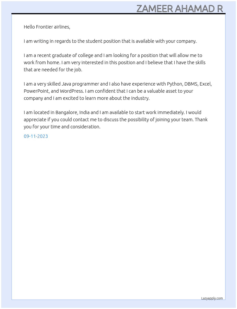 Student  At Frontier airlines  Cover Letter