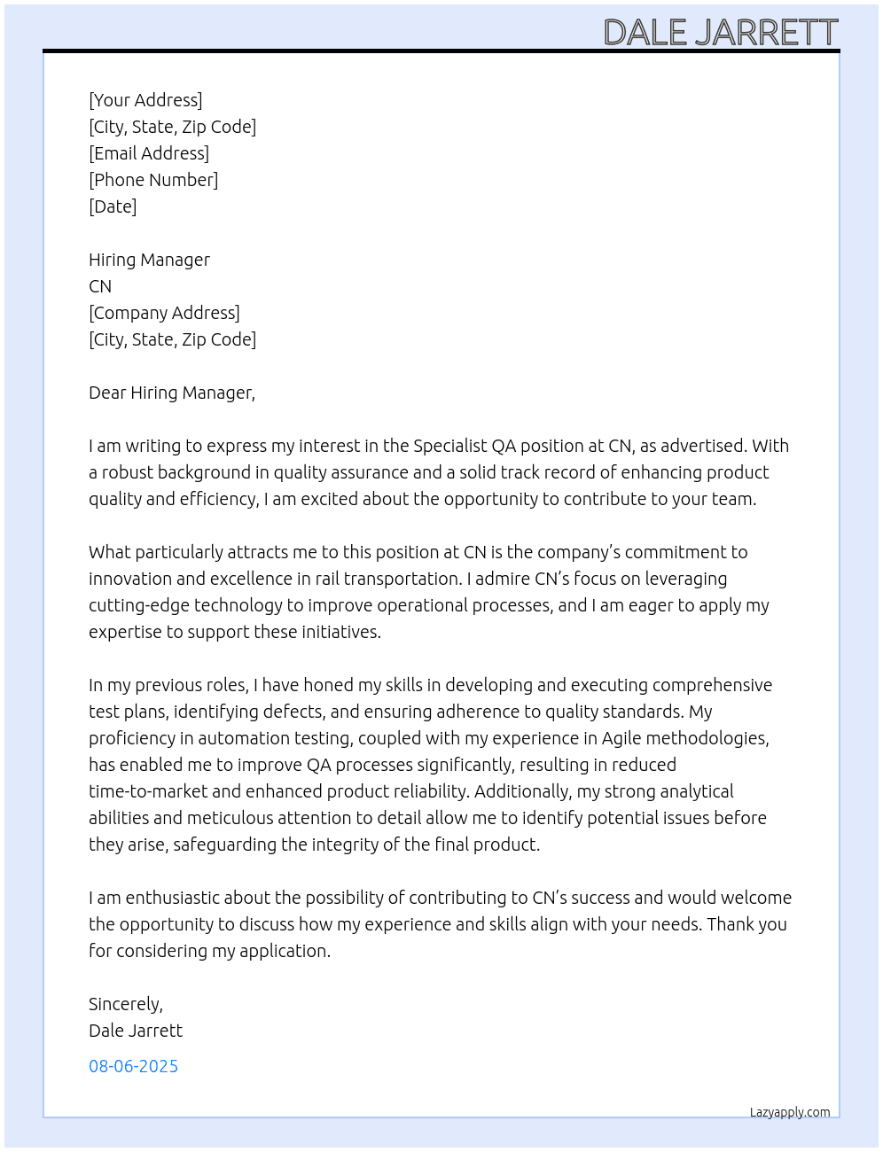 Specialist QA At CN Cover Letter