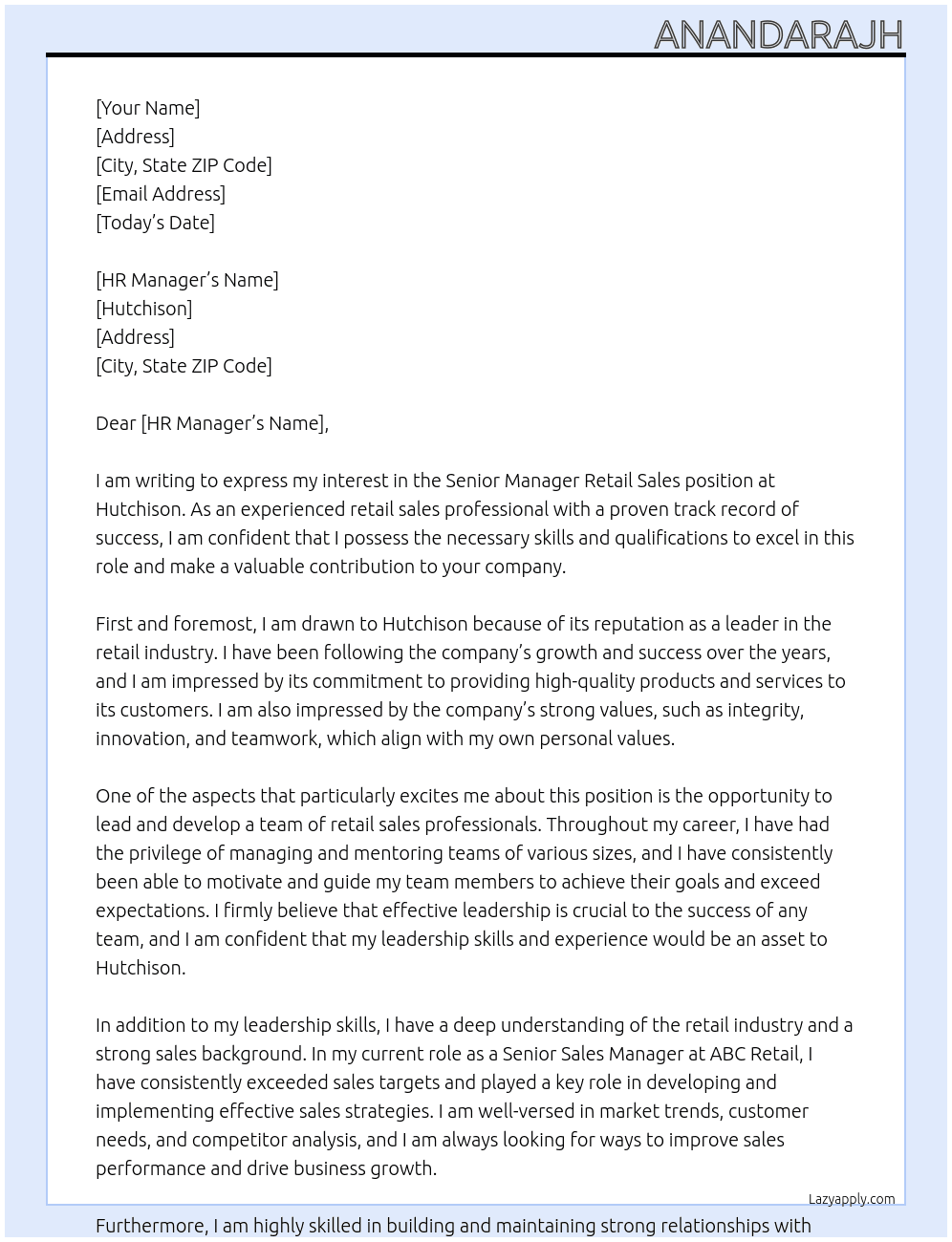 Senior manager retail sales At Hutchison Cover Letter