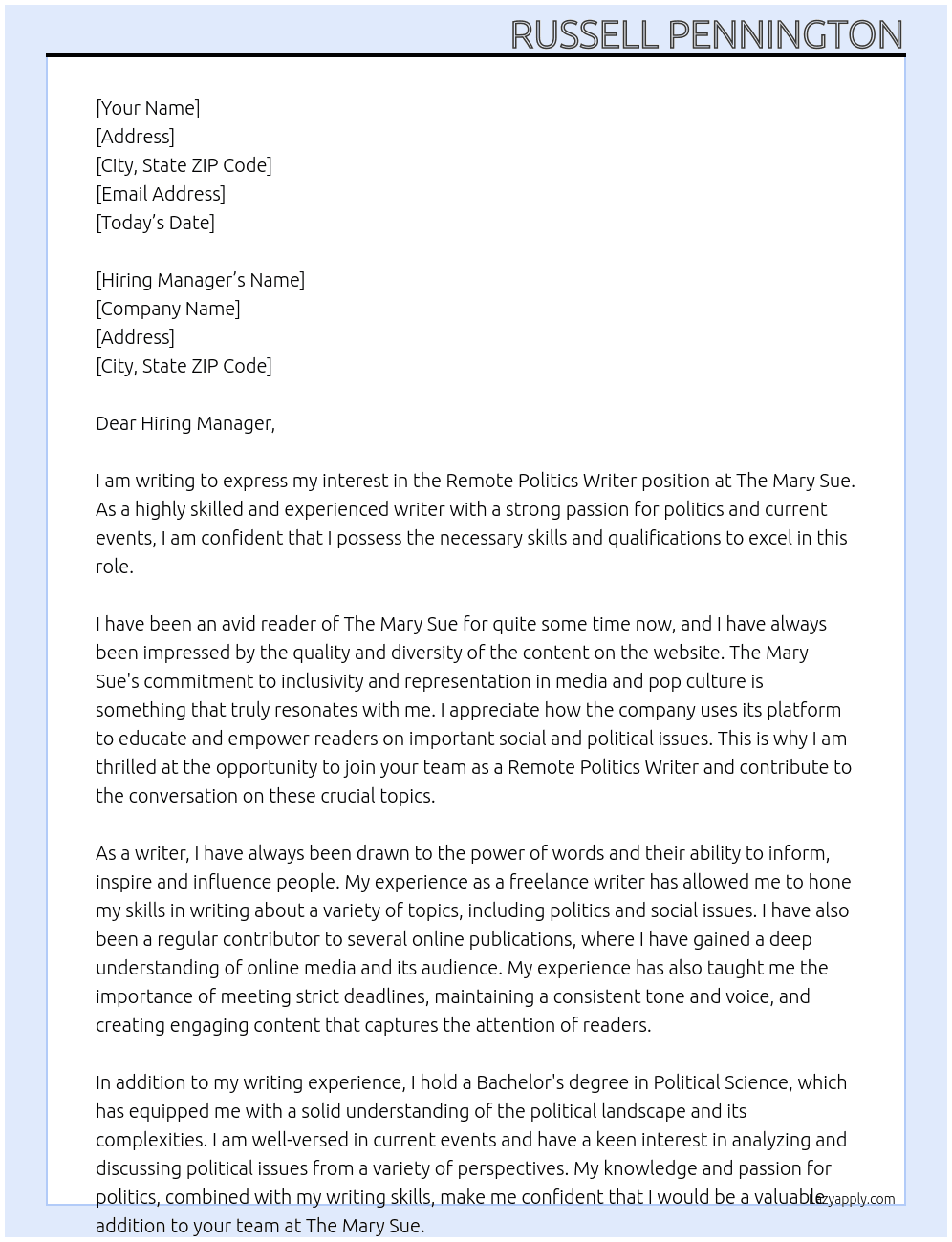 Cover letter for remote politics writer - LazyApply